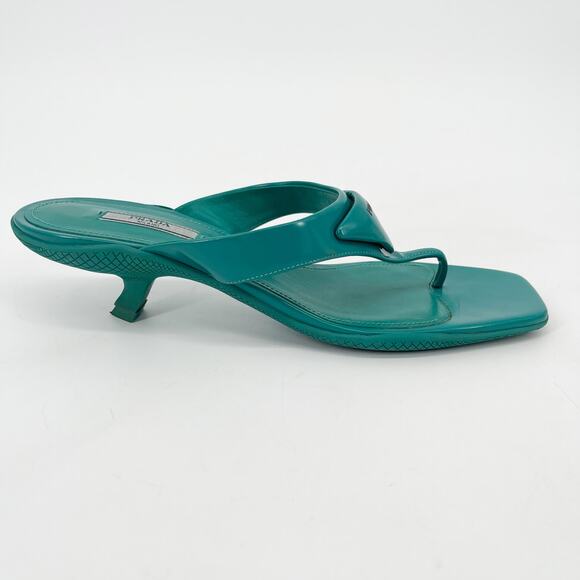 Prada Assenzio Green Padded Logo Square Toe Kitten Heel Thong Sandals IT 40 - Picture 3 of 14